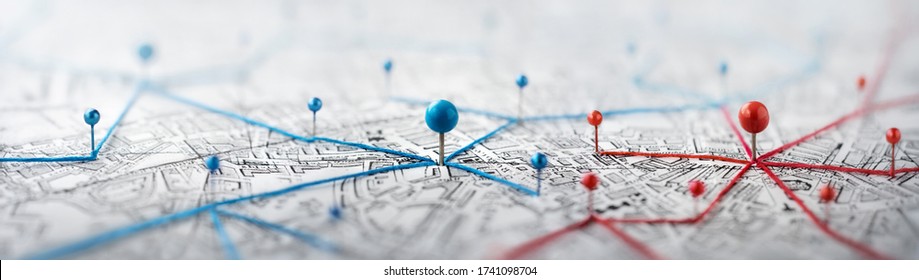 Find your way. Location marking with a pin on a map with routes. Adventure, discovery, navigation, communication, logistics, geography, transport and travel theme concept background. - Shutterstock ID 1741098704