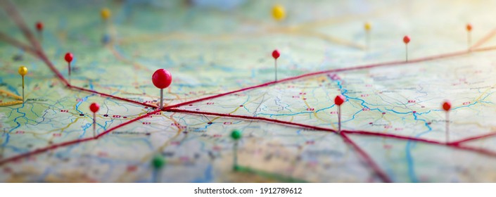 Find Your Way. Location Marking With A Pin On A Map With Routes. Adventure, Discovery, Navigation, Communication, Logistics, Geography, Transport And Travel Theme Concept Background.