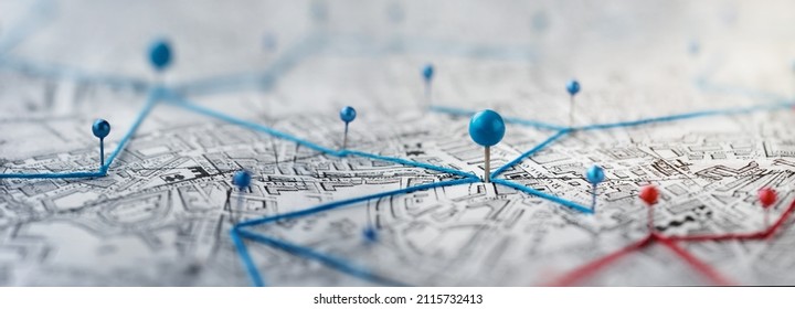 Find your way. Location marking with a pin on a map with routes. Adventure, discovery, navigation, communication, logistics, geography, transport and travel theme concept background. - Shutterstock ID 2115732413