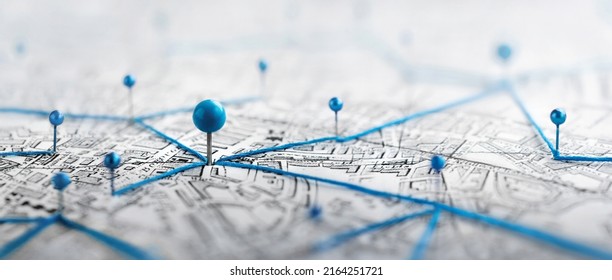Find your way. Location marking with a pin on a map with routes. Adventure, discovery, navigation, communication, logistics, geography, transport and travel theme concept background. - Shutterstock ID 2164251721