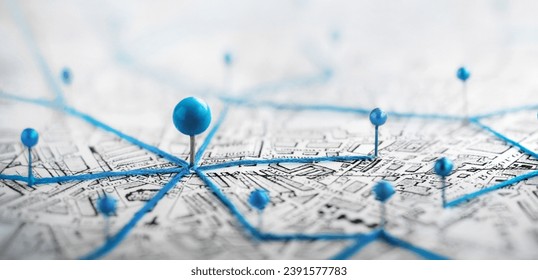 Find your way. Location marking with a pin on a map with routes. Adventure, discovery, navigation, communication, logistics, geography, transport and travel theme concept background.