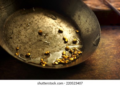 Finding gold. gold panning or digging. Gold on wash pan.