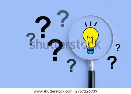 Finding solution for solve problem; Magnifying glass with question marks