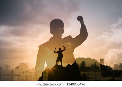 Finding the super hero in you. People, power, courage, and feeling determined concept. Double exposure.  - Shutterstock ID 1140955496