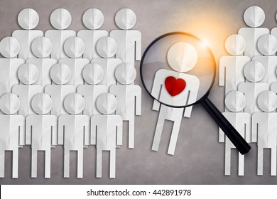 Finding True Love From Others Love Concept People Paper Cut And Magnifying Glass