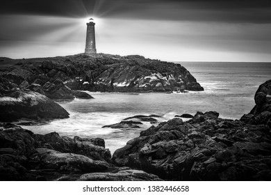 Fine Art Black And White Photograph With Portland Head Light By Night. Completed In 1791, It Is The Oldest Lighthouse In Maine