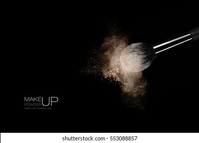 Fine Art Cosmetic, Makeup Concept With A Highlighted Soft Bristle Brush And A Puff Of Facial Powder On A Black Background With Copy Space For Your Text