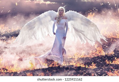Fine art image. Stunning angel woman walking fields of fire