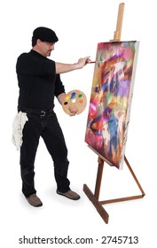 Fine Art Painter Wearing A Beret, Holding Artist Pallete While Painting A Canvas On An Easel On A White Backgound