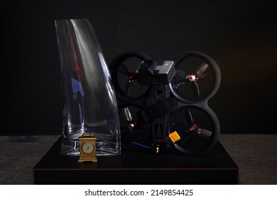 Fine Art Photography. Light Painting. FPV drone and glass vase. Still-life photography.                               
