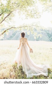 fine art wedding photography. Beautiful bride with shoes and dress with train against the sun in the nature