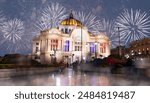 The Fine Arts Palace aka Palacio de Bellas Artes with fireworks at dusk - Mexico City , Mexico