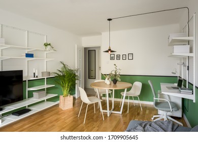 Fine Designed Small Living Room With Home Office Area, Relax Space And Dining Table