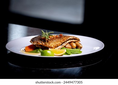 Fine dining branzino fish filet  seafood entree - Powered by Shutterstock