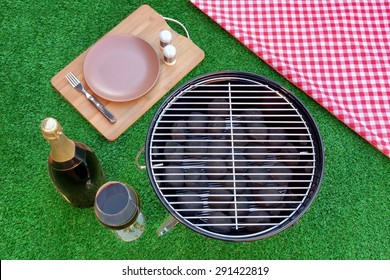 Fine Dining With Champagne Wine On The Summer Fresh Lawn. Outdoor Backyard BBQ Holiday Grill Party Or Weekend Picnic Concept. Overhead View