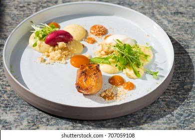 Fine Dining Dessert, Apricot Parfait, Ice Cream, White Chocolate Mousse And Spices