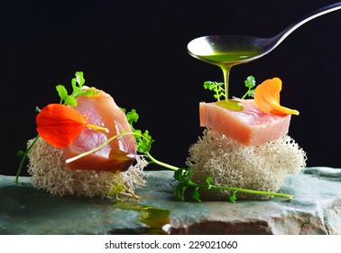 Fine Dining, Fresh Raw Ahi Tuna Sashimi Served On Sponge With Herbs