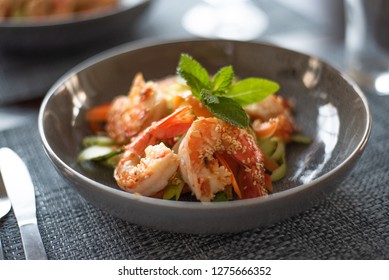 Fine Dining Prawn Dish. Beautiful Prawns And Salad Presented In A Restaurant.