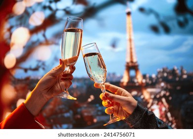 Fine dining restaurant in Paris marketing their terrace view and premium drinks. Female hands in dresses clinking champagne glasses over beautiful Parisian view. Holidays, celebration, events concept - Powered by Shutterstock