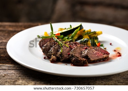 Fine dining, roasted steaks with vegetable