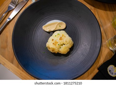 Fine Dining White Broccoli Mexican Dish. High Angle. 