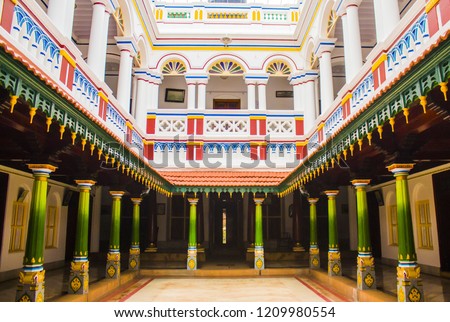 A fine example for Chetinad architecture. ..An interior view of the palatial house of Sri MAM Ramaswamy , Kanadukathan village, Karaikudi district, Tamilnadu, India.