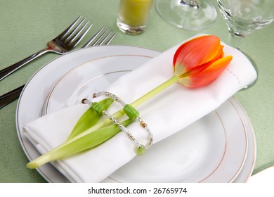 Fine Food And Wine Spring Table Settings With Fresh Tulips