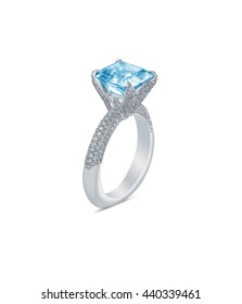 Fine Jewelry: Princess Cut Blue Diamond Engagement Ring  Isolated On White Background.