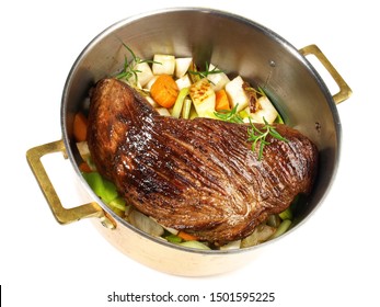 Fine Meat - Braised Beef Roast In A Pot On White Background