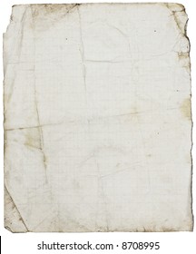 Fine textured dirty old school paper page from coppy-book with folds & stains. Isolated on white - Shutterstock ID 8708995