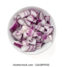 Finely Chopped Fresh Red Onion In A Generic Ceramic Bowl Isolated On White. Top View.