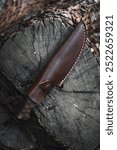 A finely crafted handmade knife encased in a rich brown leather sheath, lying on a tree stump in a natural forest setting.