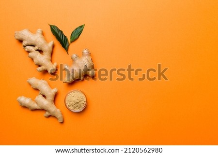 Finely dry Ginger powder in bowl with green leaves isolated on colored background. top view flat lay.