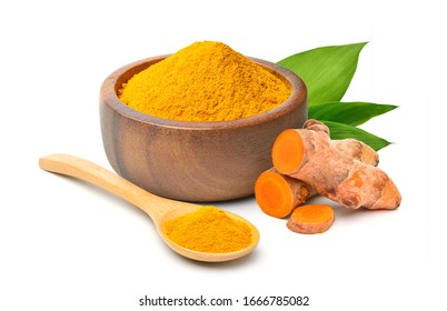 Finely dry Turmeric (Curcuma longa Linn) powder in wooden bowl with  rhizome (root) sliced and green leaves isolated on white background. - Powered by Shutterstock