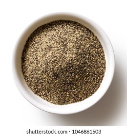 Finely Ground Black Pepper In White Ceramic Bowl Isolated On White From Above.