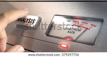 Finger about to press an analysis button with a dial where it is written the text infection rate. Concept image for illustration of computer or system infected by viruses and virus detection.