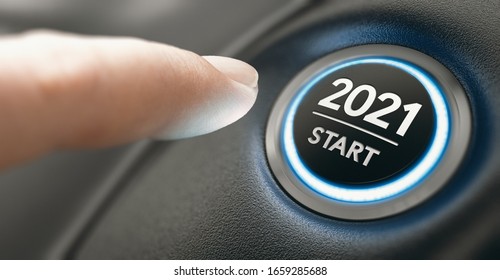 Finger über einen Autozündknopf drücken, mit dem Text 2021 starten. Zweitausendundzwanzigstes Jahr Konzept. Zusammenspiel von Bild zwischen Handfotografie und 3D-Hintergrund.