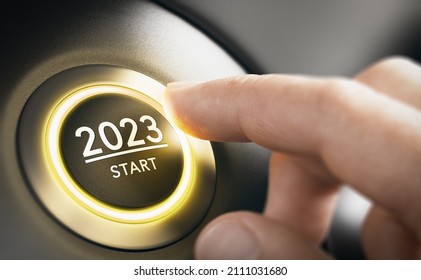 Finger about to press a car ignition button with the text 2023 start. Year two thousand and twenty three concept. Composite image between a hand photography and a 3D background. - Shutterstock ID 2111031680