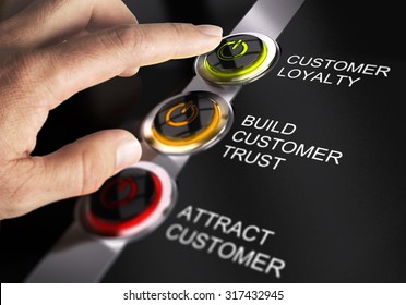 Finger about to press customer loyalty button. Concept for illustration of sales process.