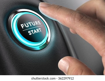 Finger about to press future button with blue light over black and grey background. Concept image for illustration of change or strategic vision. - Shutterstock ID 362297912