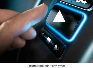 Finger About To Press A Play Button On A Home Sound System Interface. Black Background And Blue Light. Composite Between A Photography And A 3D Background. Horizontal Image