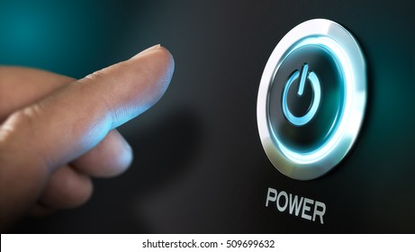 Finger about to press a power button. Hardware equipment concept. Composite between an image and a 3D background - Shutterstock ID 509699632