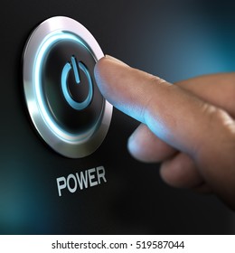Finger about to press power button on a computer. Composite between an image and a 3D background