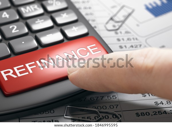 Finger about to press a\
red button on a conceptual refinance calculator. Concept of bad\
credit repair. Composite image between a hand photography and a 3D\
background.