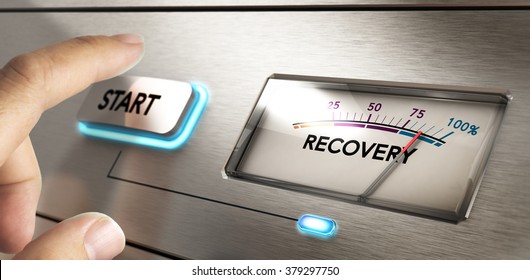 Finger about to press a start button with a dial where it is written the word recovery. Concept image for illustration of crisis or disaster recovery plan.