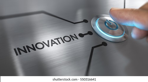 Finger about to press a start button with the word innovation on the left. Composite between an image and a 3D background