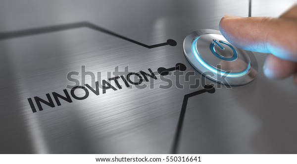 Finger\
about to press a start button with the word innovation on the left.\
Composite between an image and a 3D\
background