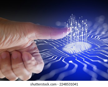 A finger is about to scan or activate a glowing 3D fingerprint in an electronic circuit releasing binary codes for biometric authentication. Cybersecurity, fingerprint password, and future technology.