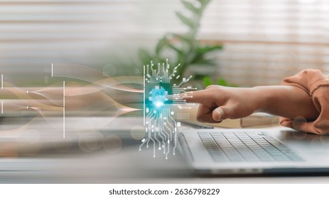 Finger activating AI interface on laptop with flowing data visualization, representing artificial intelligence, machine learning, data processing, neural networks, and smart computing technology. - Powered by Shutterstock - Get 15% off with code: PIKWIZARD15