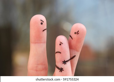 Finger Art Of Family During Quarrel. Concept Of Divorced Parents. Idea Mother Does Not Gives The Child To Communicate With His Father.